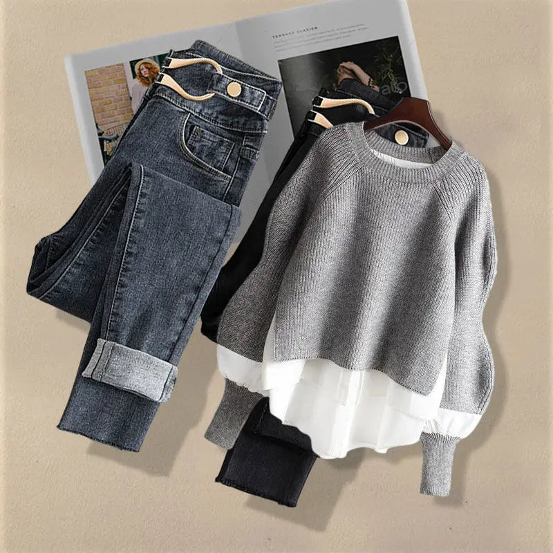 Korean Inspired Matching Set - Trendy Blouse & Slim Jeans