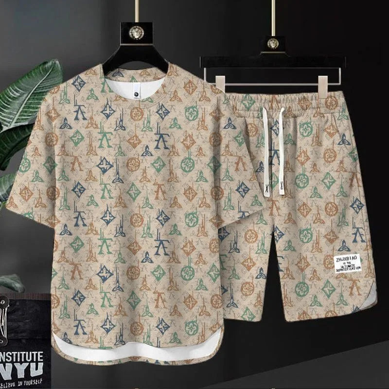 Summer New Fashion Trend Printed Short Sleeve T-shirt Sports Suit Men Loose Comfortable Breathable Plus Size Two-Piece Set 4XL