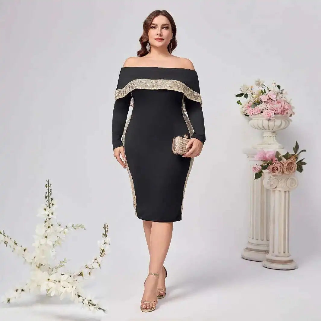 Size Large Women's New Fashion Style Elegant Off Shoulder Sequin Long Sleeved Slim Fit Hip Hugging Elegant Women's Dress Y2k