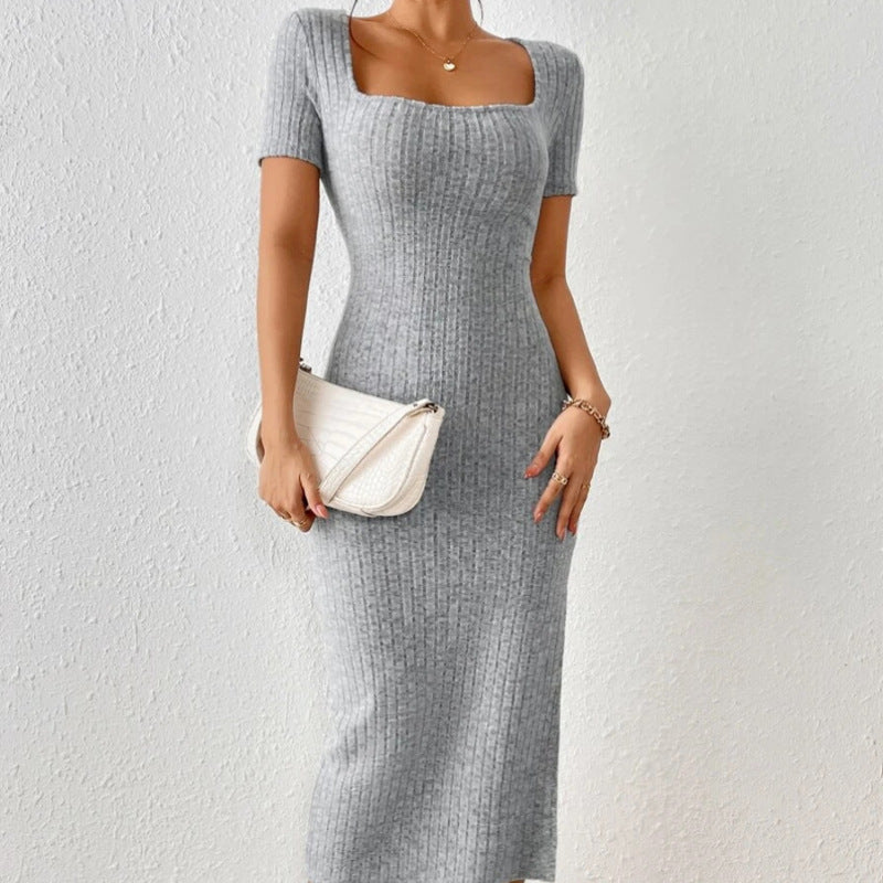 Simple Solid Color Knitted Dress with Short Sleeves