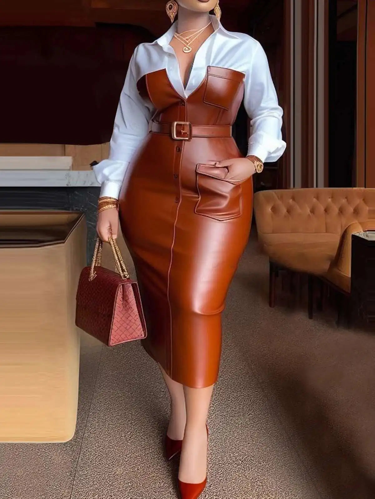 Womens Shirt Collar Dresses New Autumn Buttons Long Sleeve PU Leather Patchwork Pocket Skinny Belted Lapel Female Midi Dress PQ8
