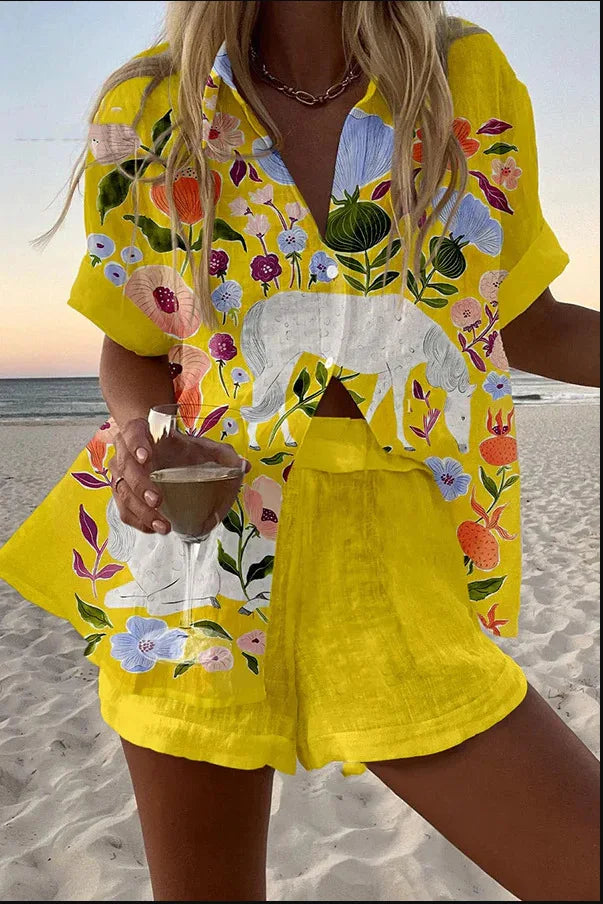 2025 New Style Vacation Cruise Set, Two Piece Set, Digital Print, Tropical Printed Necklace Shirt+Wide Leg Pants Women's Wear