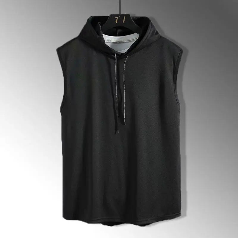 Men Tie Collar Hooded Sleeveless Vests Male Summer Loose Solid Hip Hop Tee Shirt Tops