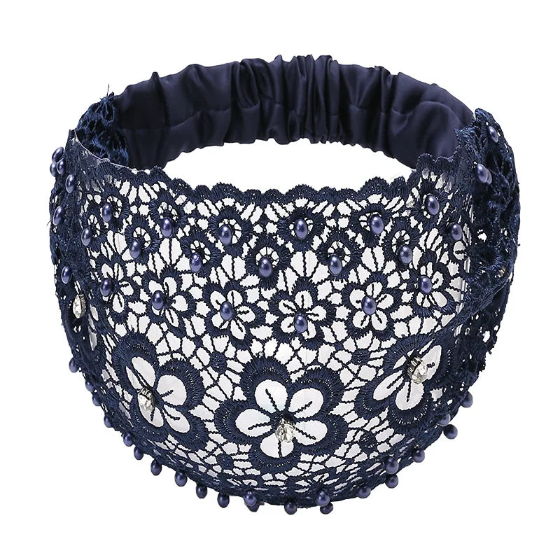 Elegant floral lace bead headband - Polyester hollow headband with elastic band - Dress up hair accessory set - Pattern solid co