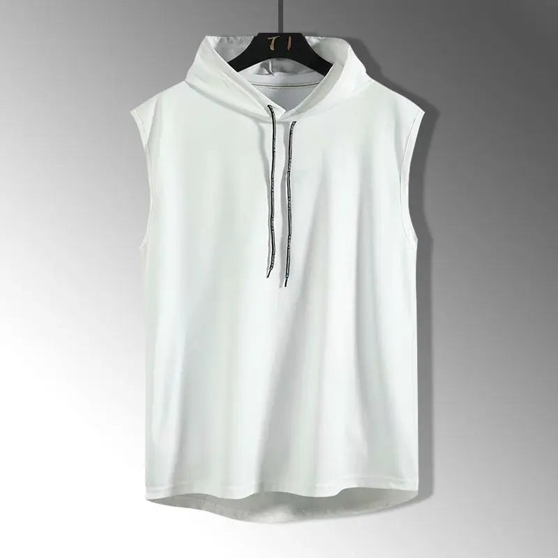 Men Tie Collar Hooded Sleeveless Vests Male Summer Loose Solid Hip Hop Tee Shirt Tops
