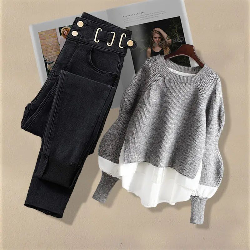 Korean Inspired Matching Set - Trendy Blouse & Slim Jeans