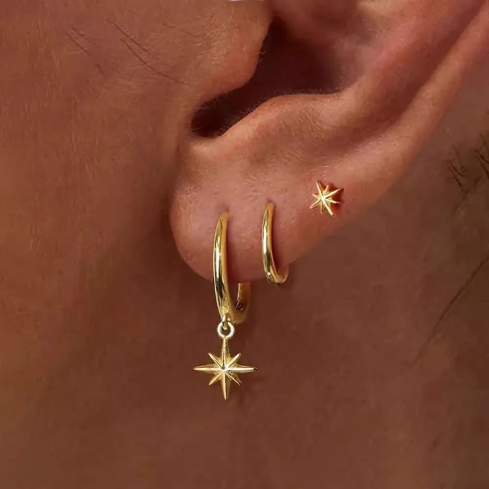 3pcs Unisex Fashion Metal round Star Tassel Dangle Hexagram Drop Earrings Set Hip Hop Punk Rock Jewelry for Men And Women
