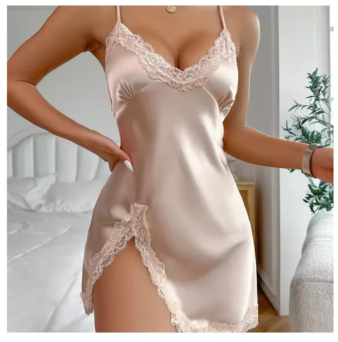 Sexy Backless Mini Female Nightgown Lingerie Summer Chemise Sleepwear Suspender Nightdress White Satin Lace Home Wear Loungewear