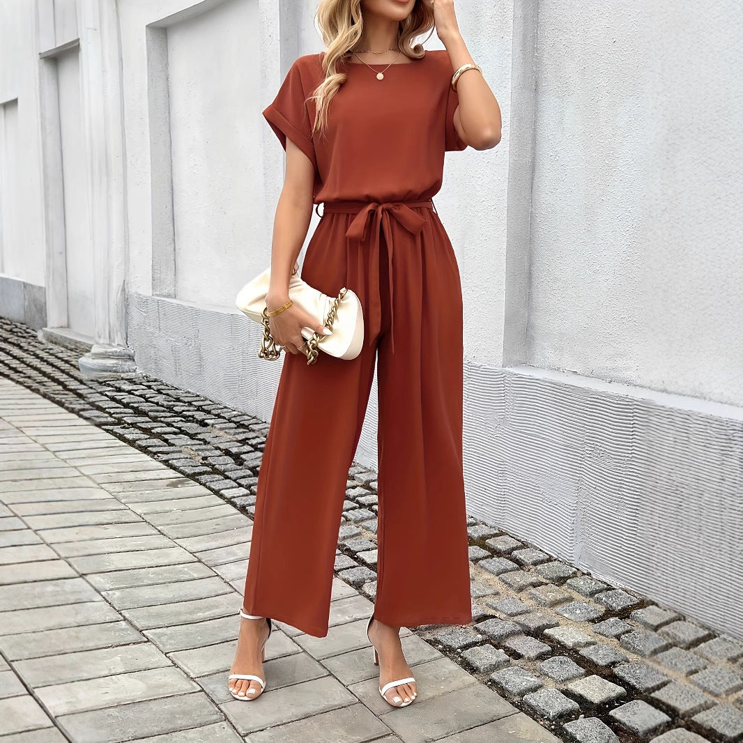 Women's Elegant Solid Color Belted Jumpsuit with Round Neck