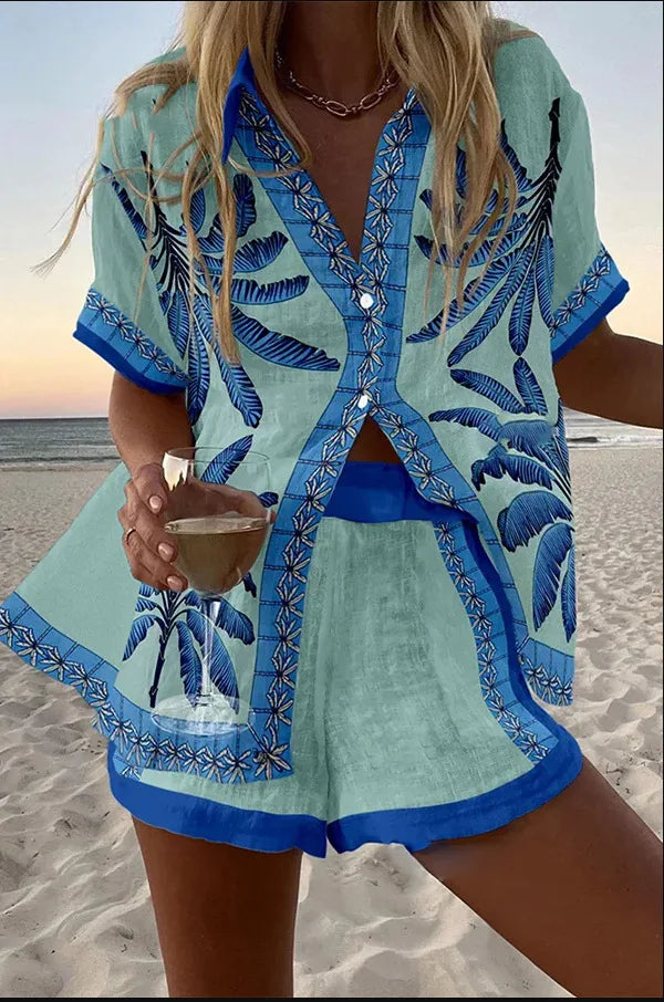 2025 New Style Vacation Cruise Set, Two Piece Set, Digital Print, Tropical Printed Necklace Shirt+Wide Leg Pants Women's Wear