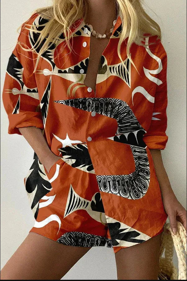 2025 New Style Vacation Cruise Set, Two Piece Set, Digital Print, Tropical Printed Necklace Shirt+Wide Leg Pants Women's Wear