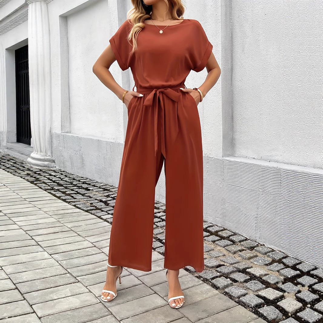 Women's Elegant Solid Color Belted Jumpsuit with Round Neck