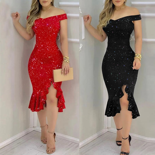 Women's Off Shoulder Sequin Ruffle Dress