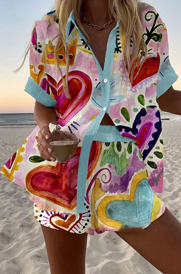 2025 New Style Vacation Cruise Set, Two Piece Set, Digital Print, Tropical Printed Necklace Shirt+Wide Leg Pants Women's Wear