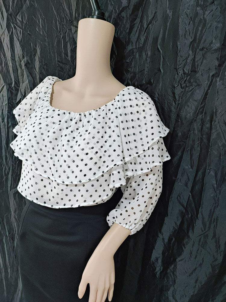 Chiffon Shirt Polka Dot Off-shoulder Cake Collar Shirt Women's Top