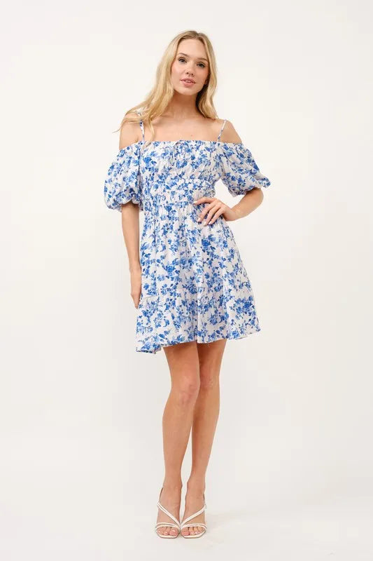 Chic Off-Shoulder Dress with Bubble Sleeves - White & Blue
