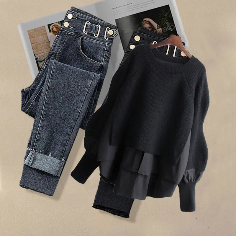 Korean Inspired Matching Set - Trendy Blouse & Slim Jeans