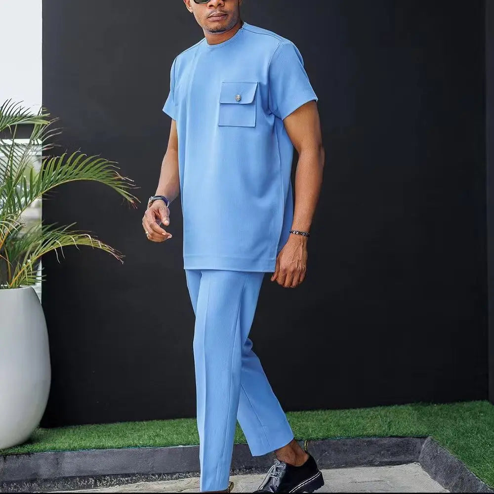 Brand New African Sets Short Sleeve Round Neck Solid Color Simple Shirt And Casual Pants Two-piece Men's Suit 2022 Summer（M-4XL）