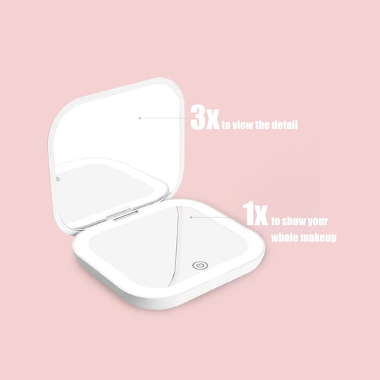 2X magnifying Compact Cosmetic Vanity Mirror with Lights Travel Mini Gift Folding Led Portable Hand Held Pocket Makeup Mirror