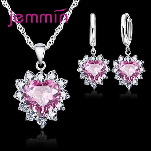 Top Sale Wding Engagement Anniversary Gift Jewelry Sets 925 Silver Color Stamped Heart Pendant Hoop Earrings for Women Girls