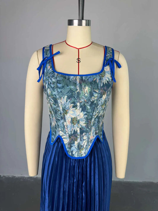 New Two Piece Skirt Set Summer 2025 New Women's Clothing Printed Tank Top+ High Waist Half Body Ruffle A Line Skirt