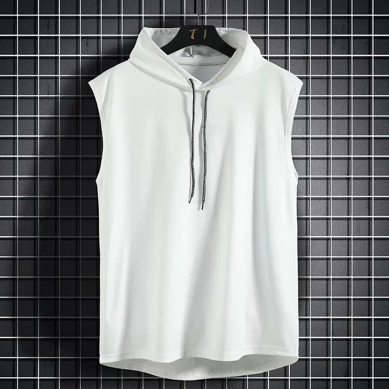 Men Tie Collar Hooded Sleeveless Vests Male Summer Loose Solid Hip Hop Tee Shirt Tops