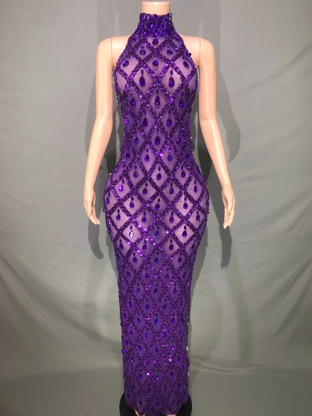 Sparkly Rhinestones Sleeveless Long Dress Elegant Dark Mesh Celebrate Evening Wedding Prom Gown Birthday Dress Photograph Wear