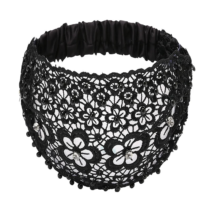 Elegant floral lace bead headband - Polyester hollow headband with elastic band - Dress up hair accessory set - Pattern solid co