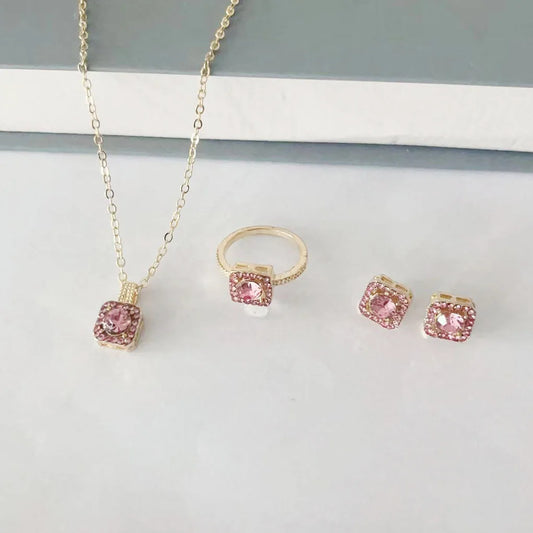 1PC Luxury Cube Jewelry Set, Women's Elegant Necklace, Earrings & Ring Set, Perfect Gift for Valentine's Day, Christmas Gift, Bi