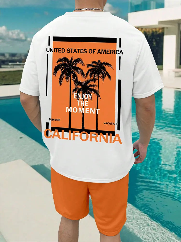 Casual men's  beach  shorts palm tree print O-neck short sleeved l