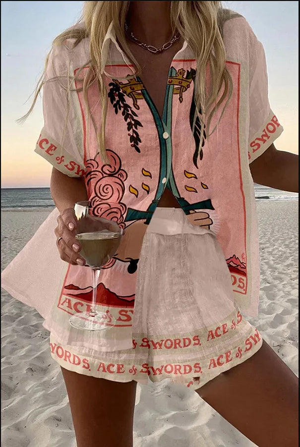2025 New Style Vacation Cruise Set, Two Piece Set, Digital Print, Tropical Printed Necklace Shirt+Wide Leg Pants Women's Wear