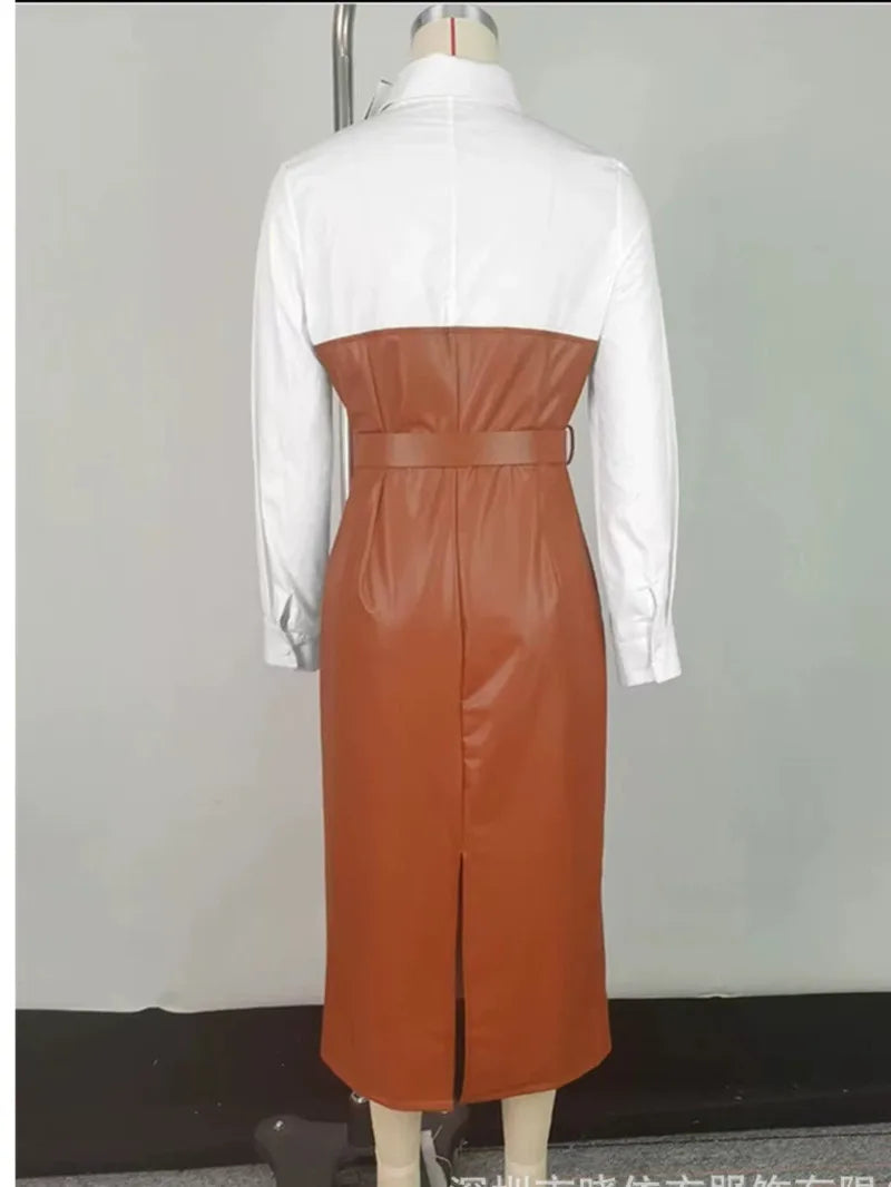 Womens Shirt Collar Dresses New Autumn Buttons Long Sleeve PU Leather Patchwork Pocket Skinny Belted Lapel Female Midi Dress PQ8