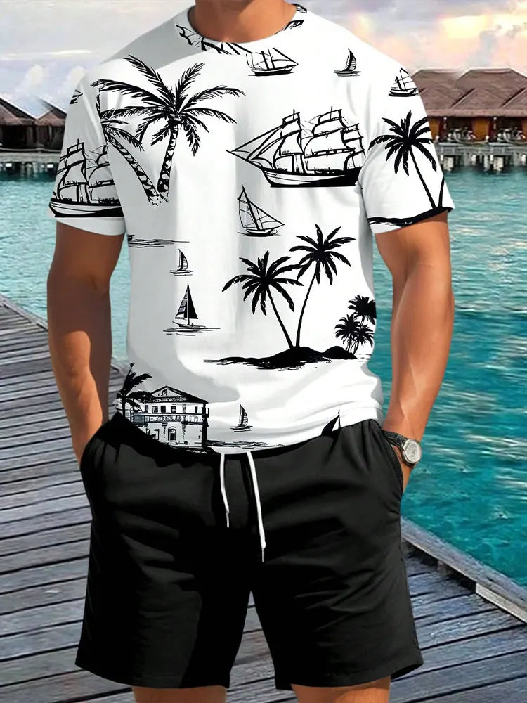Casual men's  beach  shorts palm tree print O-neck short sleeved l