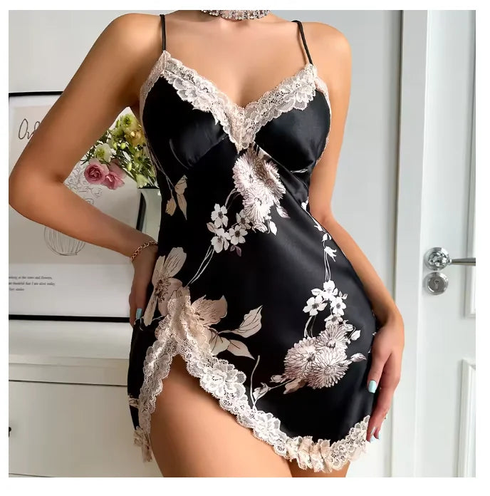 Sexy Backless Mini Female Nightgown Lingerie Summer Chemise Sleepwear Suspender Nightdress White Satin Lace Home Wear Loungewear