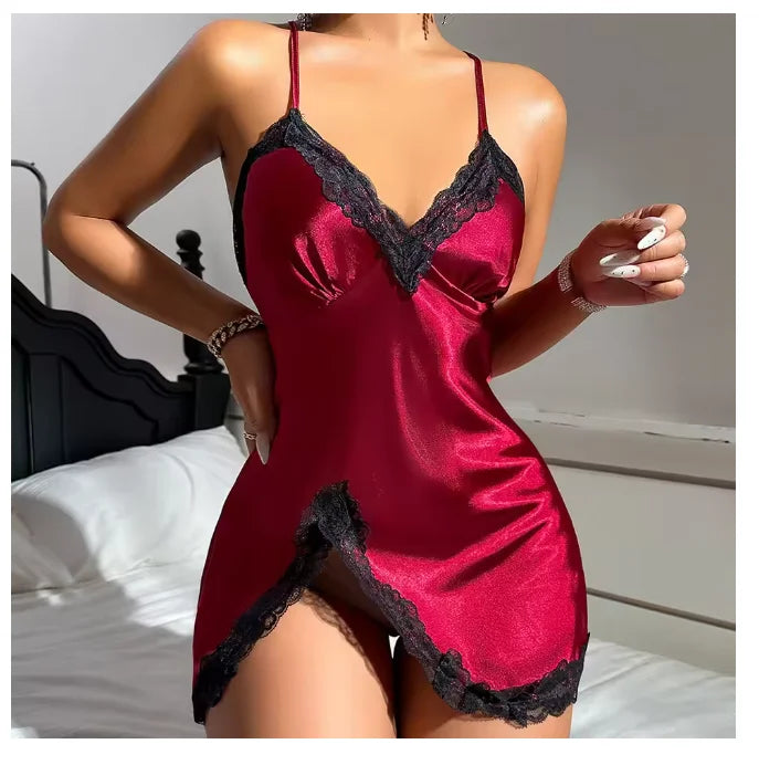 Sexy Backless Mini Female Nightgown Lingerie Summer Chemise Sleepwear Suspender Nightdress White Satin Lace Home Wear Loungewear