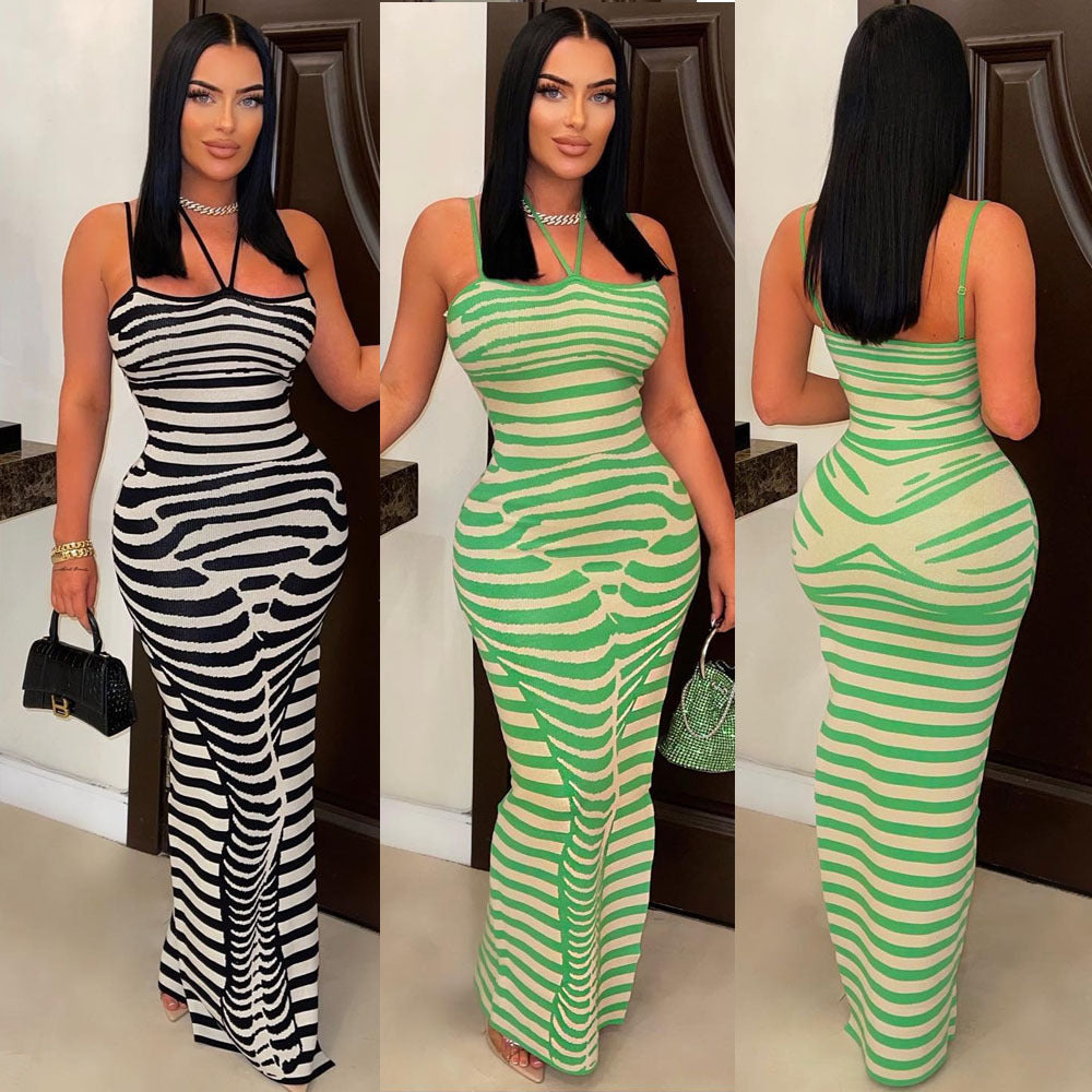 Women's Sunken Stripe Positioning Printed Suspender Dress