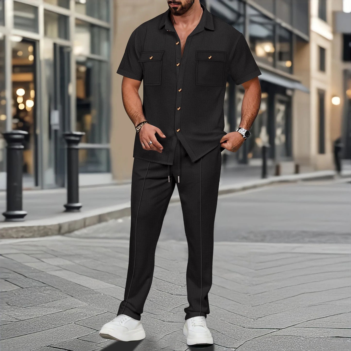 Men's waffle trend shirt short-sleeved two-piece set