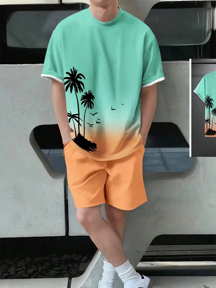 Casual men's  beach  shorts palm tree print O-neck short sleeved l