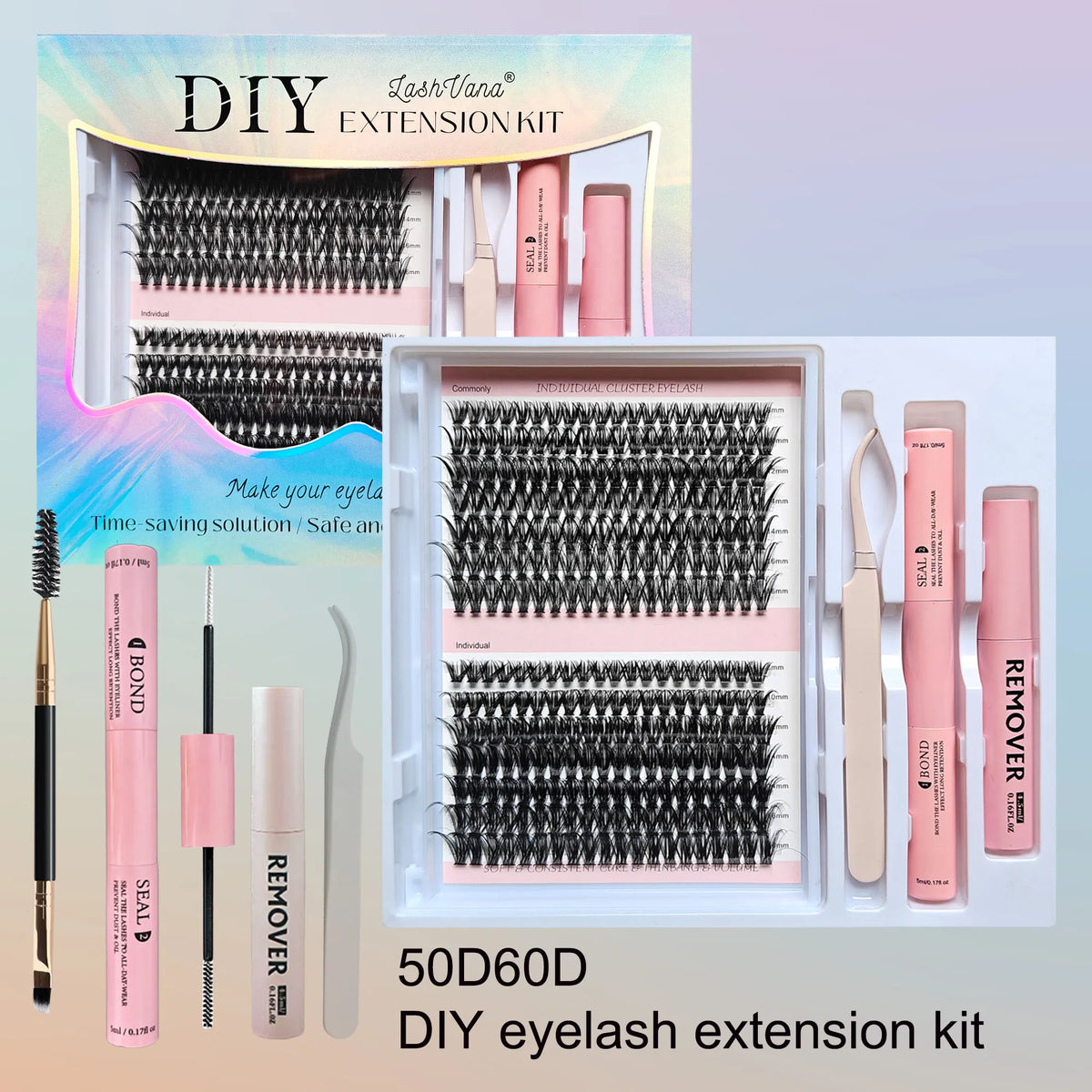 LASHVNNA Lash Clusters Kit With Waterproof Strong Hold DIY Lash Extension Kit Lash Bond And Seal And Eyelash Tweezers Makeup