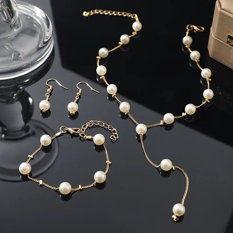 4pcs Gold-color Necklace Earring Bracelet Set Ladies Elegant Imitation-Pearls Collection Temperament Tassel Jewelry