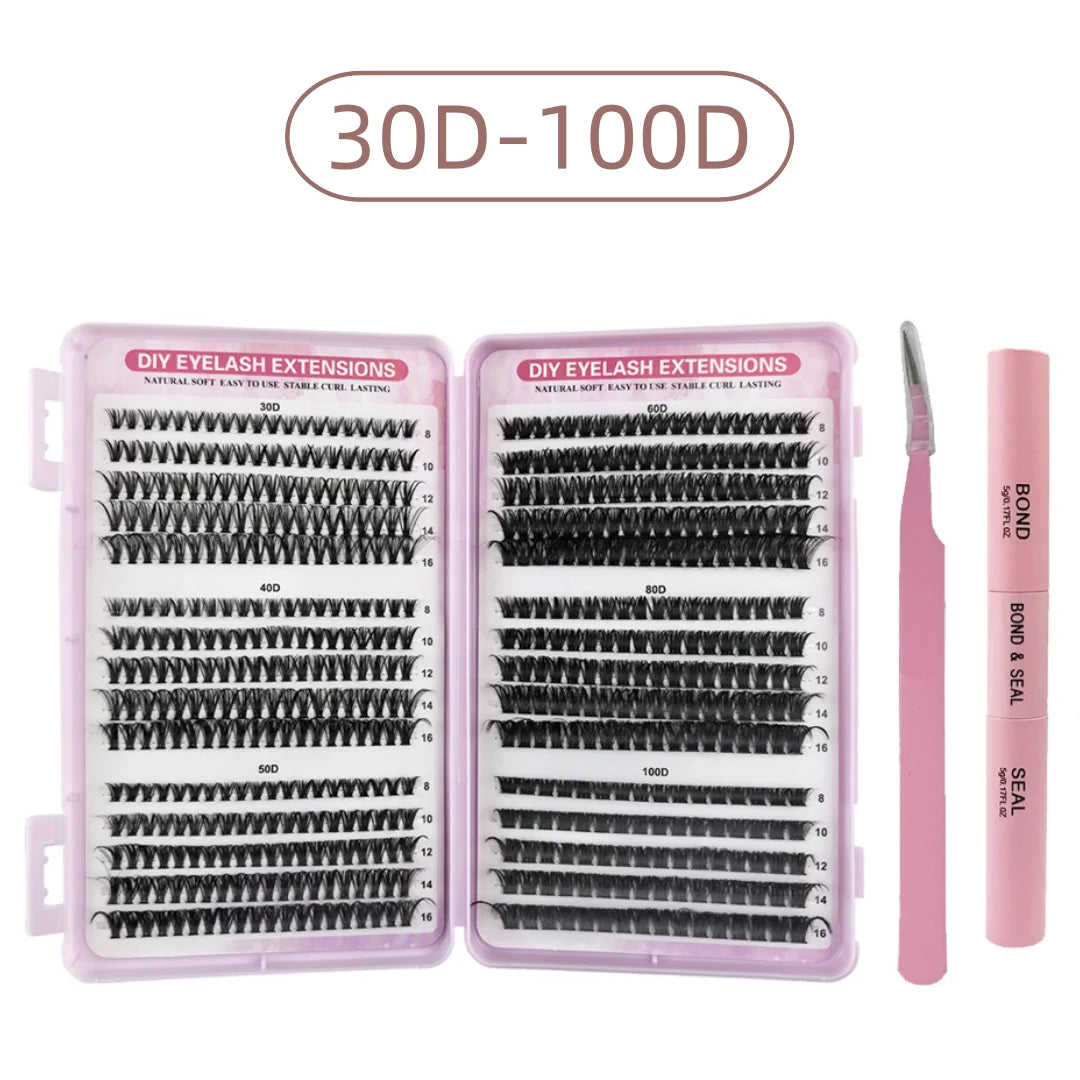 LASHVNNA Lash Clusters Kit With Waterproof Strong Hold DIY Lash Extension Kit Lash Bond And Seal And Eyelash Tweezers Makeup