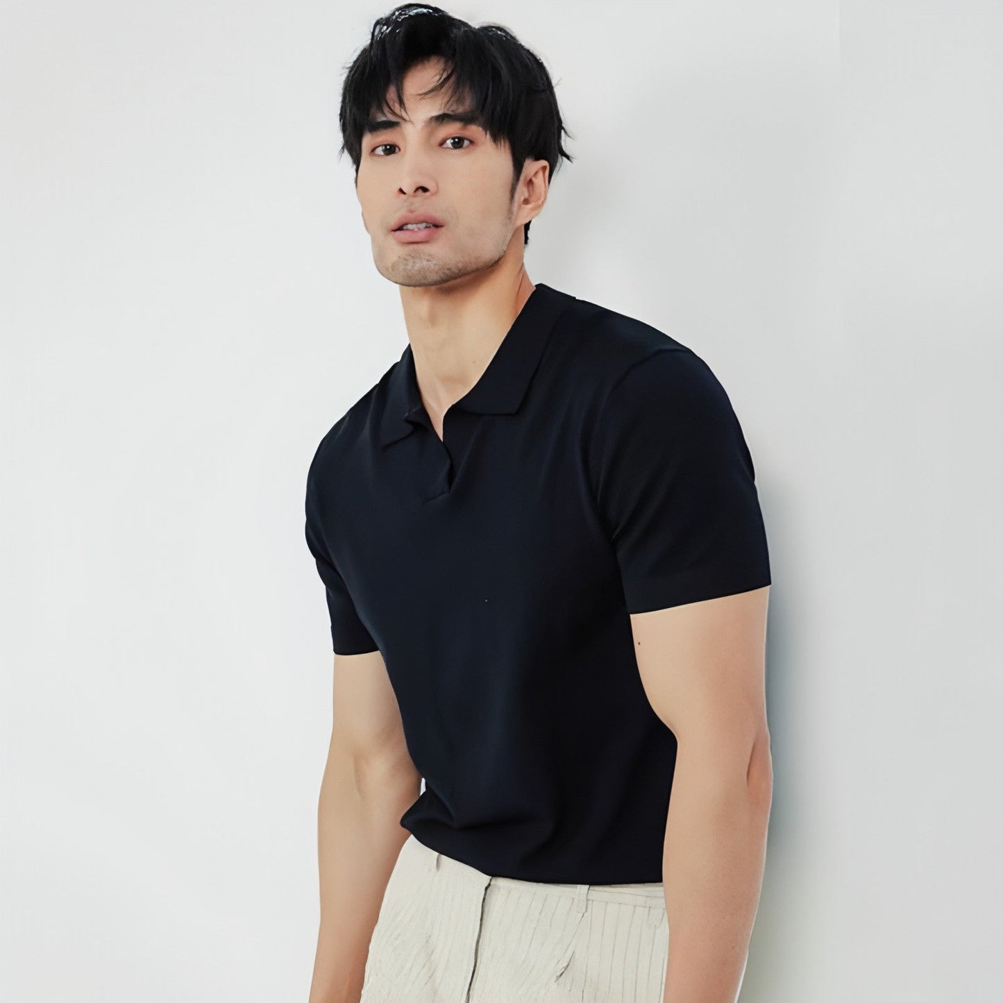 Lightly Mature Men's Solid Color Lapel Knitted Polo Shirt