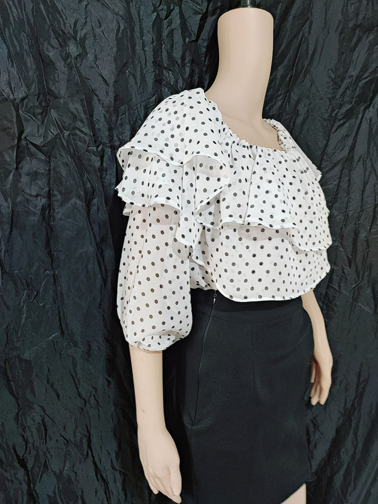 Chiffon Shirt Polka Dot Off-shoulder Cake Collar Shirt Women's Top