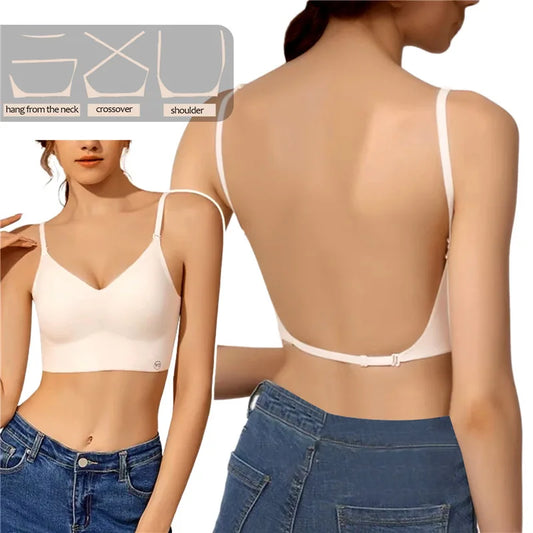 Women Invisible Bra Deep U Plunge Bras Backless Top for Dresses Sexy Lingerie with Transparent Strap Push Up Strapless Underwea