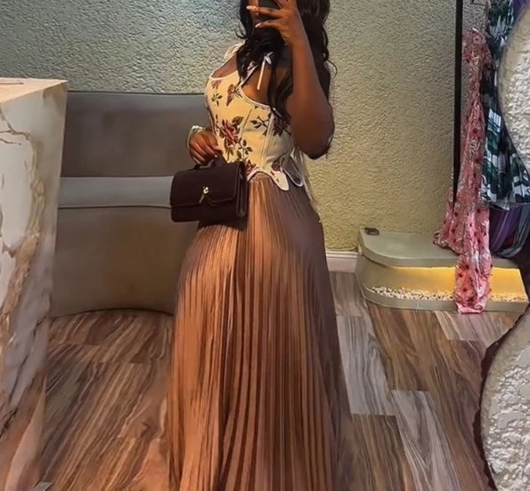 New Two Piece Skirt Set Summer 2025 New Women's Clothing Printed Tank Top+ High Waist Half Body Ruffle A Line Skirt