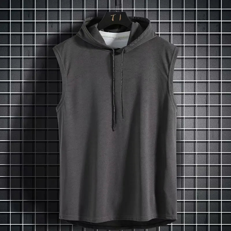 Men Tie Collar Hooded Sleeveless Vests Male Summer Loose Solid Hip Hop Tee Shirt Tops