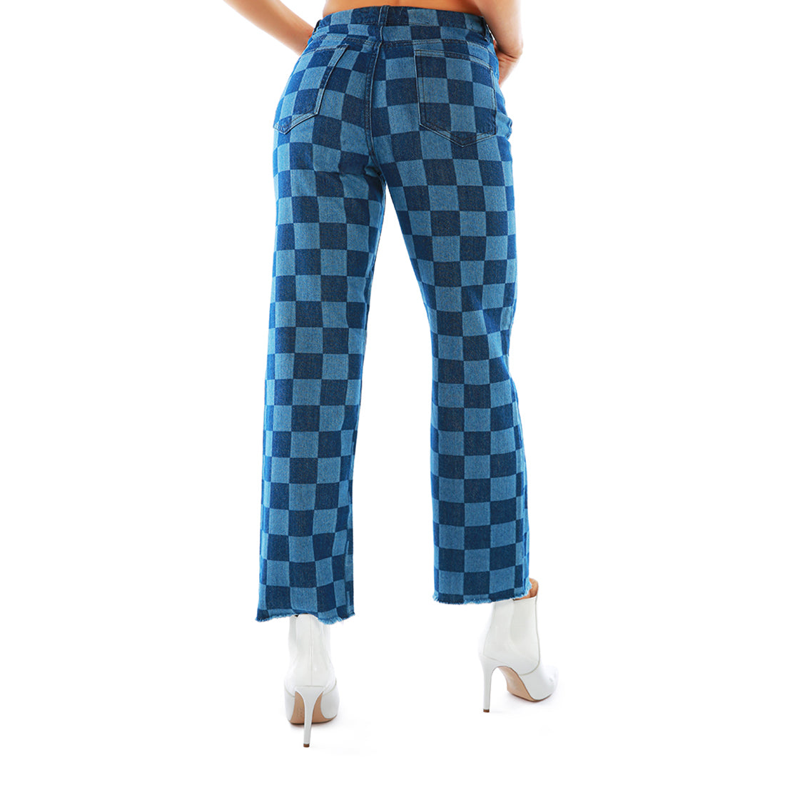 Blue Wide Leg Checkered Jeans Pants