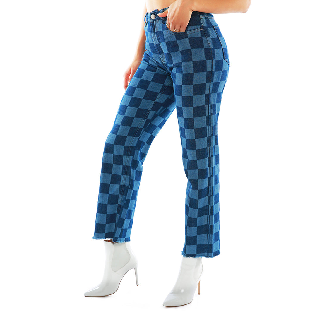 Blue Wide Leg Checkered Jeans Pants