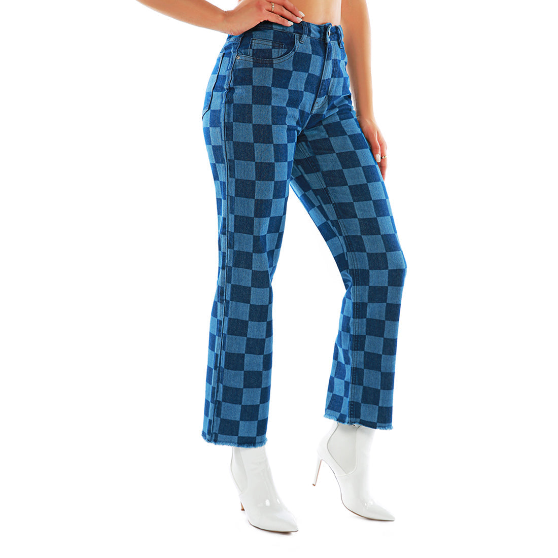 Blue Wide Leg Checkered Jeans Pants