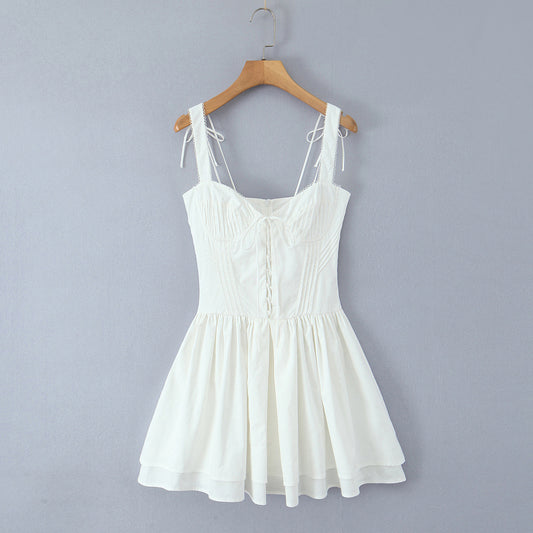 European And American Style Simple Solid Color Holiday Leisure Slim-fitting Patchwork Rope Sling Dress